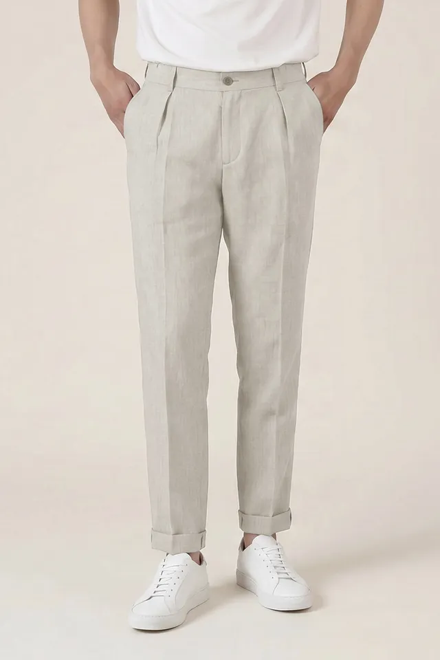 le-pantalon-pinces-pantalon-homme-gris-clair-lin-lyocell-taille-42 image 1