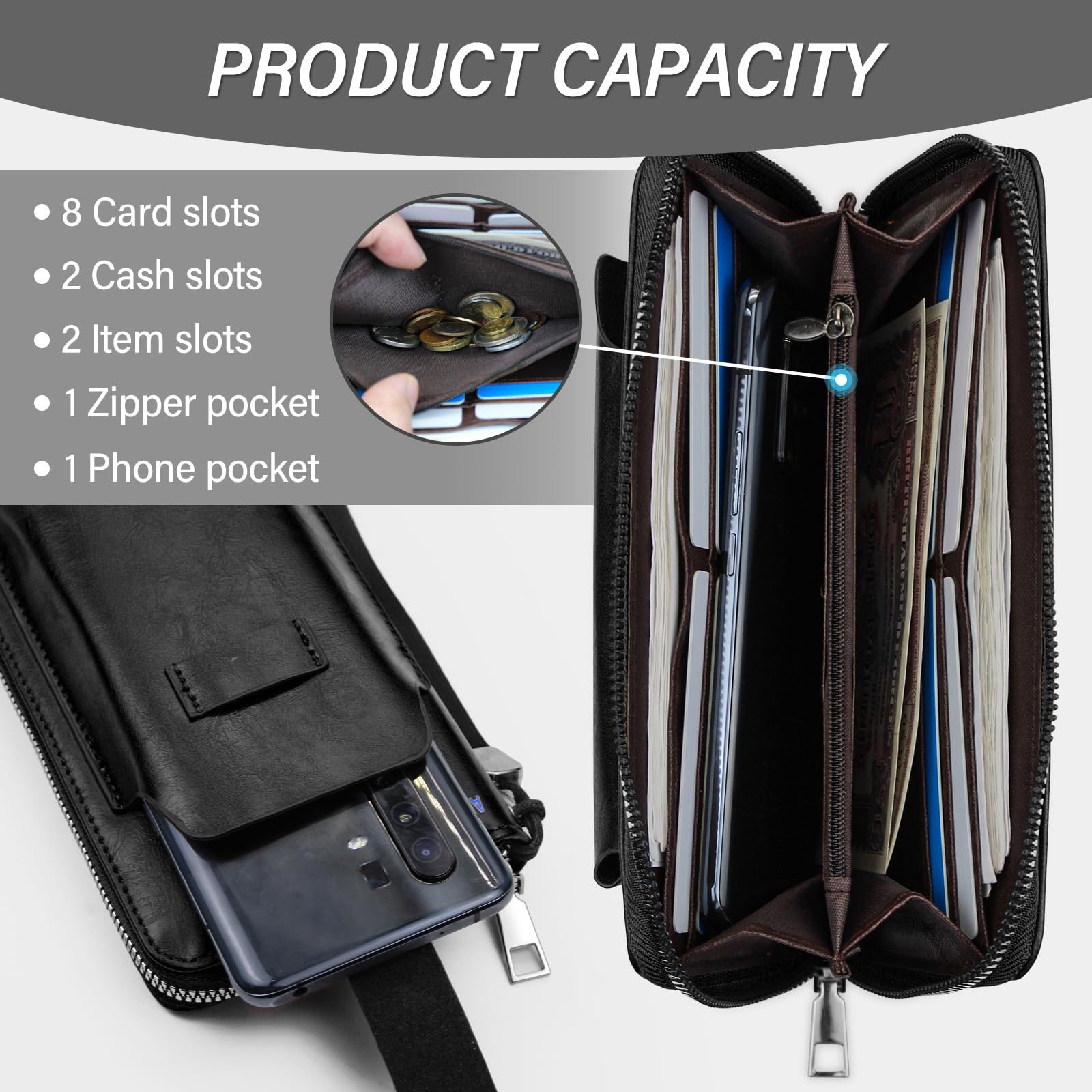 adistylinno-men-s-wallet-portefeuille-long-noir-zip-8-cartes image 2