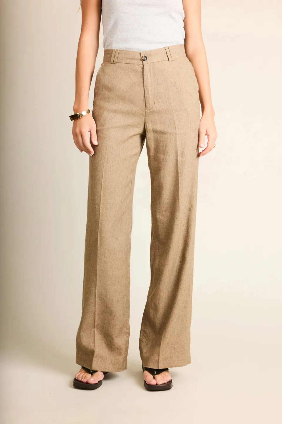 le-pantalon-pantalons-femme-wideleg-marron-clair-lin-coton image 1