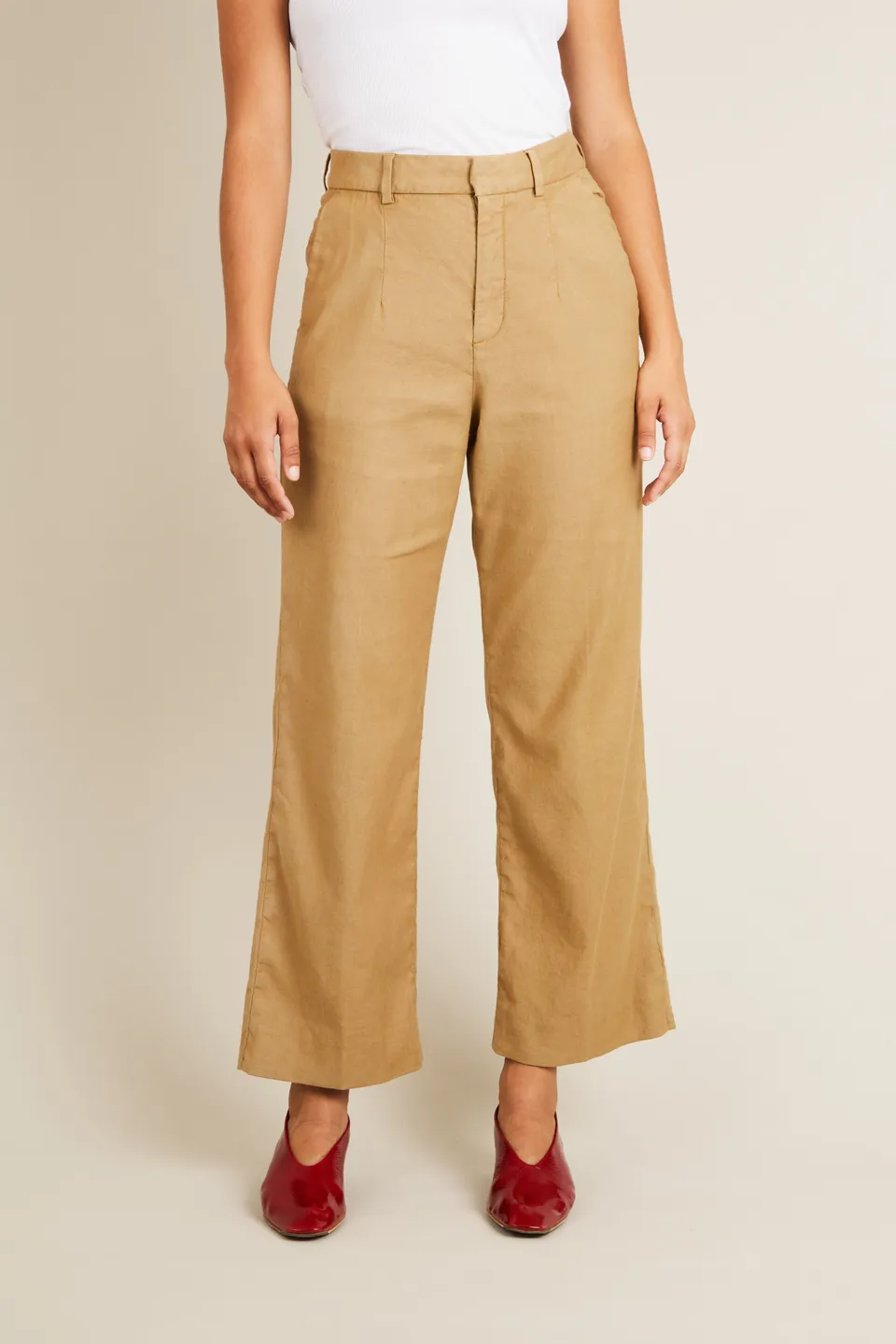 le-pantalon-flare-pantalon-femme-beige-fonc-coton-lin-taille-38 image 1