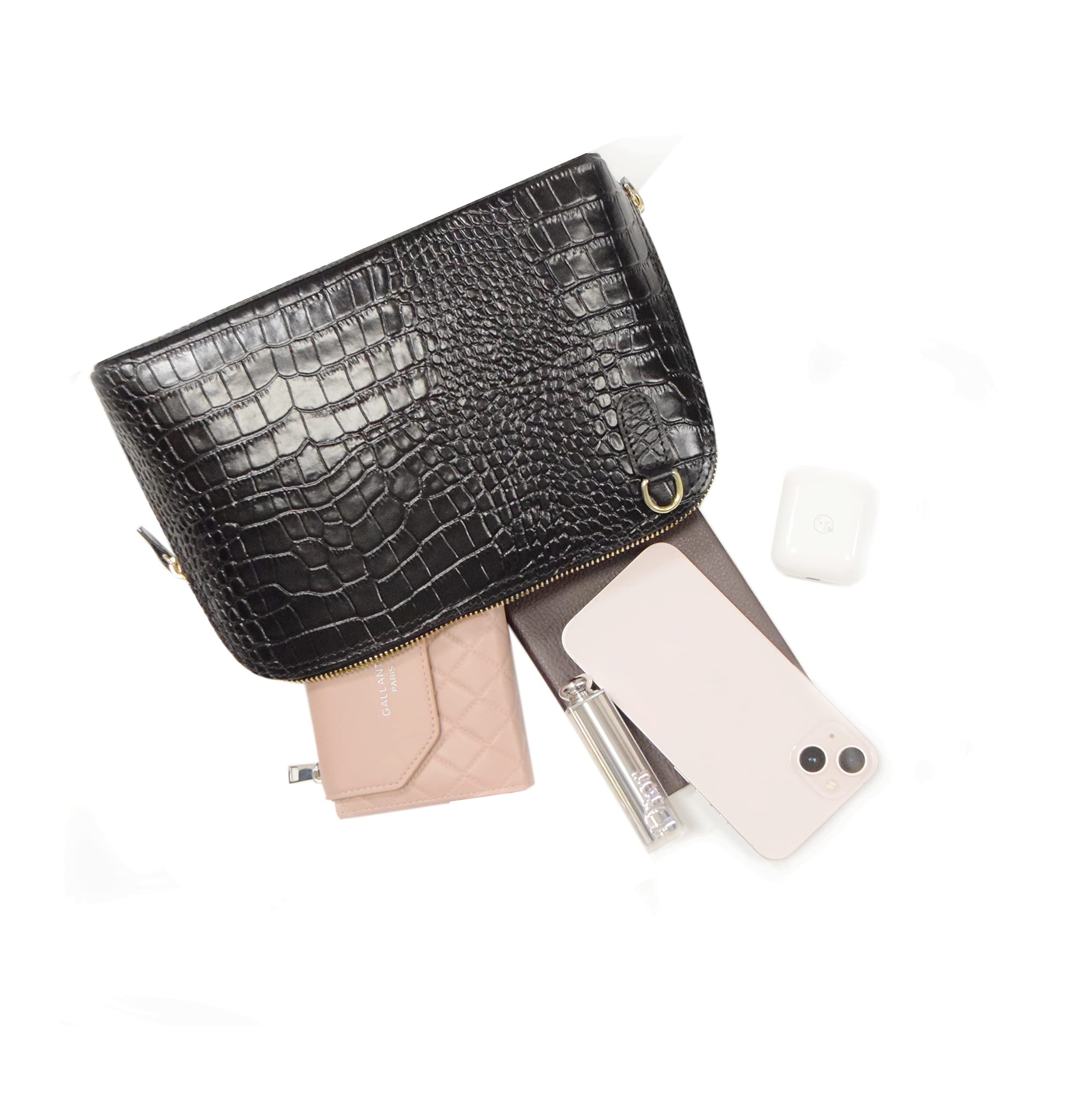 double-tree-sac-bandouli-re-cuir-d-me-croco-noir image 4