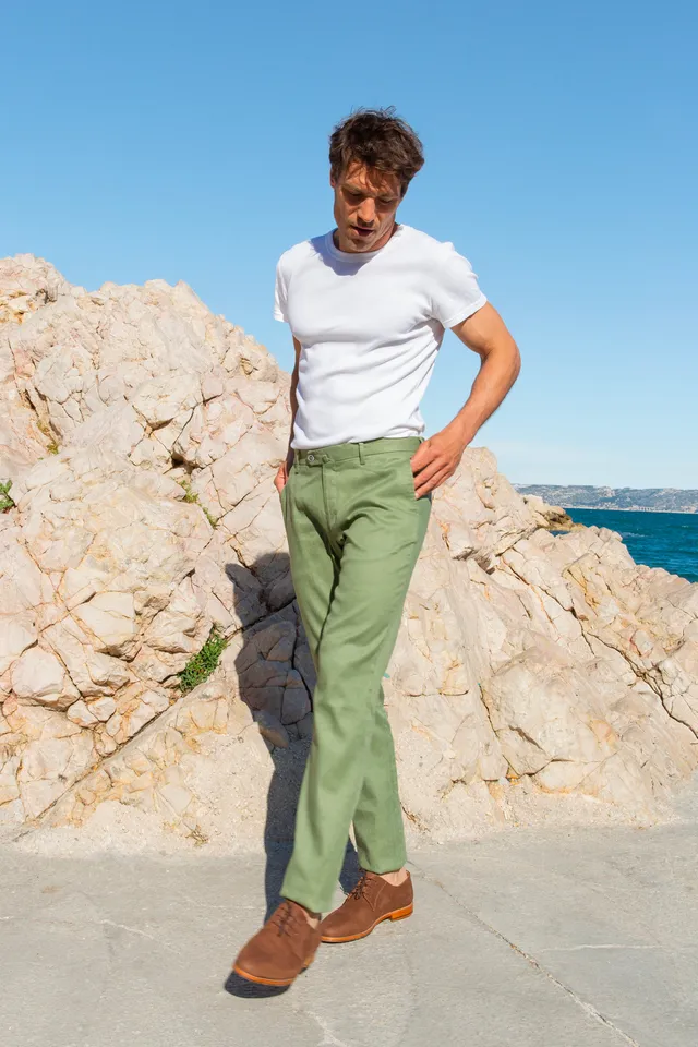le-pantalon-chinos-homme-chino-coton-lin-kaki-pantalon image 1