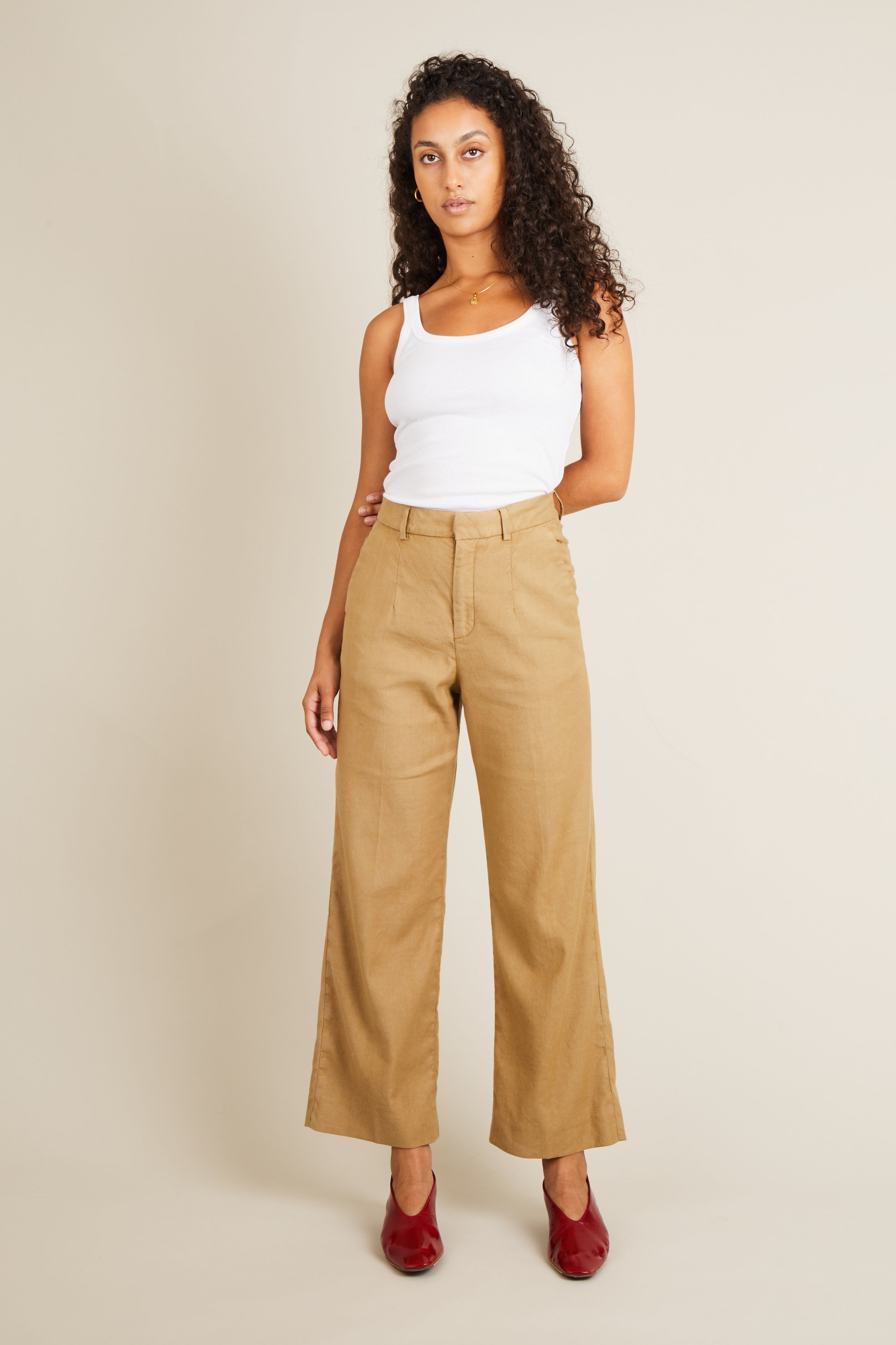 le-pantalon-flare-pantalon-femme-beige-fonc-coton-lin-taille-38 image 4