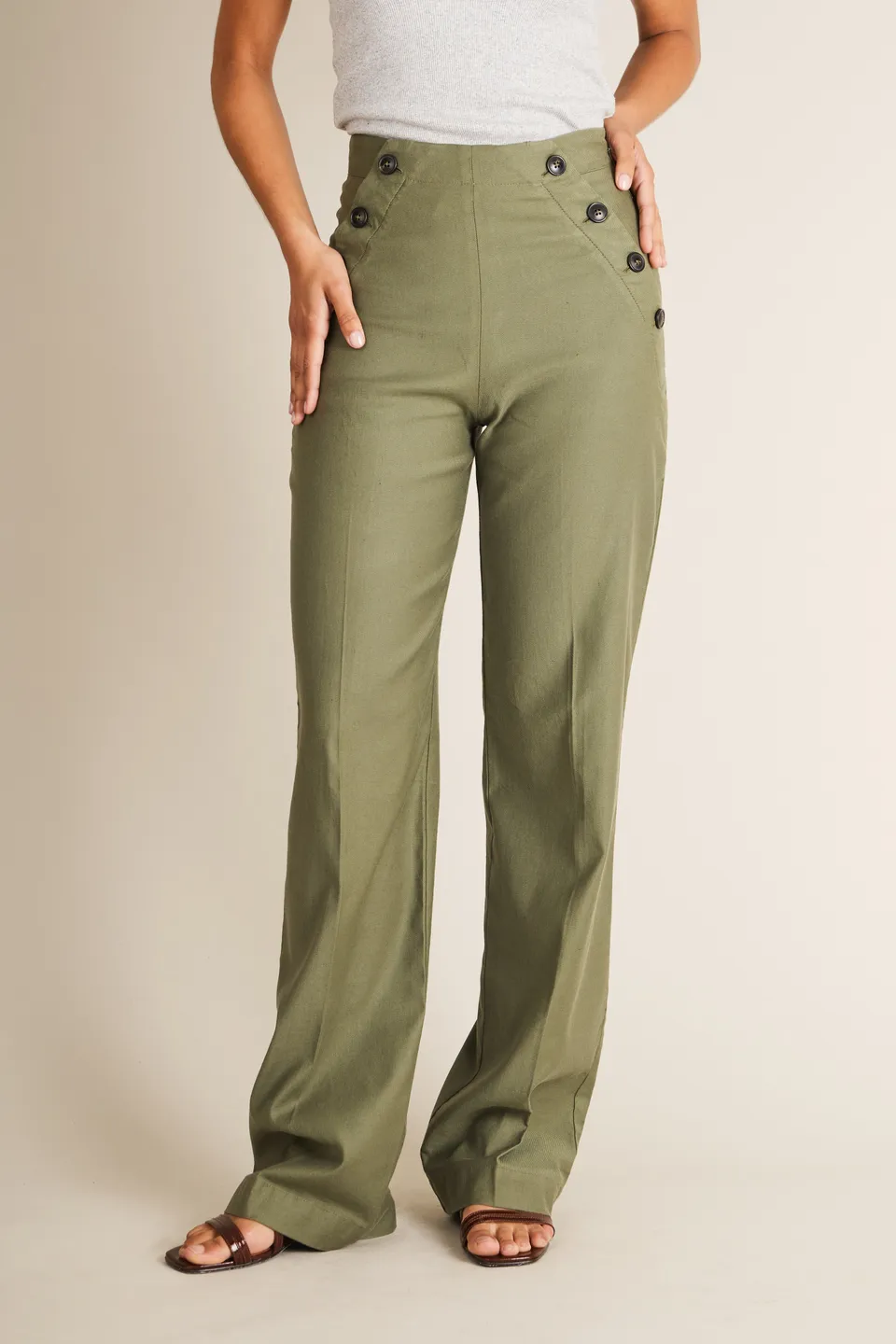 le-pantalon-pantalon-pont-kaki-lin-coton-palazzo-femme image 1