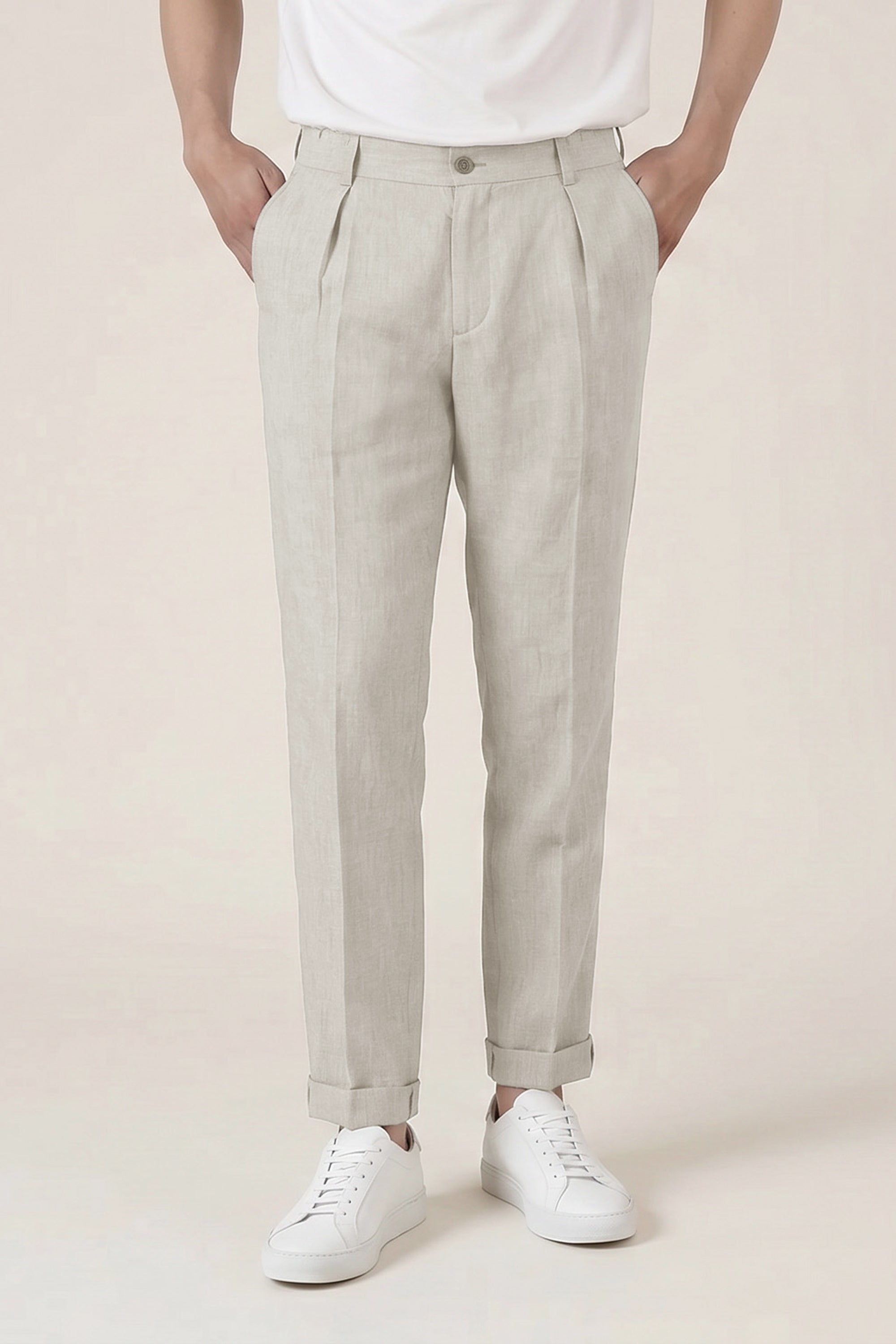 le-pantalon-pinces-pantalon-homme-gris-clair-lin-lyocell-taille-42 image 1