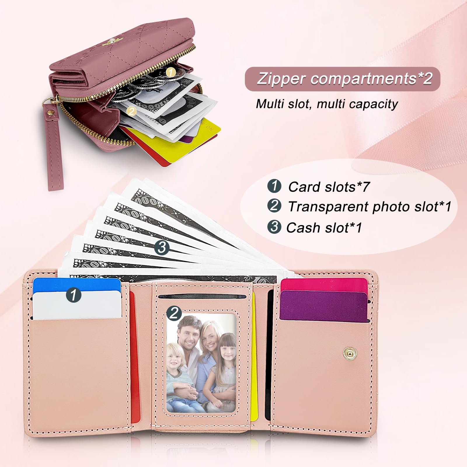 adistylinno-women-s-wallet-petit-portefeuille-rose-floral-7-cartes image 2