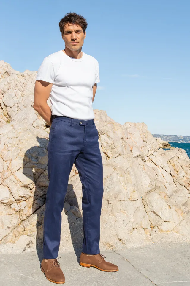 le-pantalon-chino-pantalon-coton-lin-bleu-semi-slim image 1