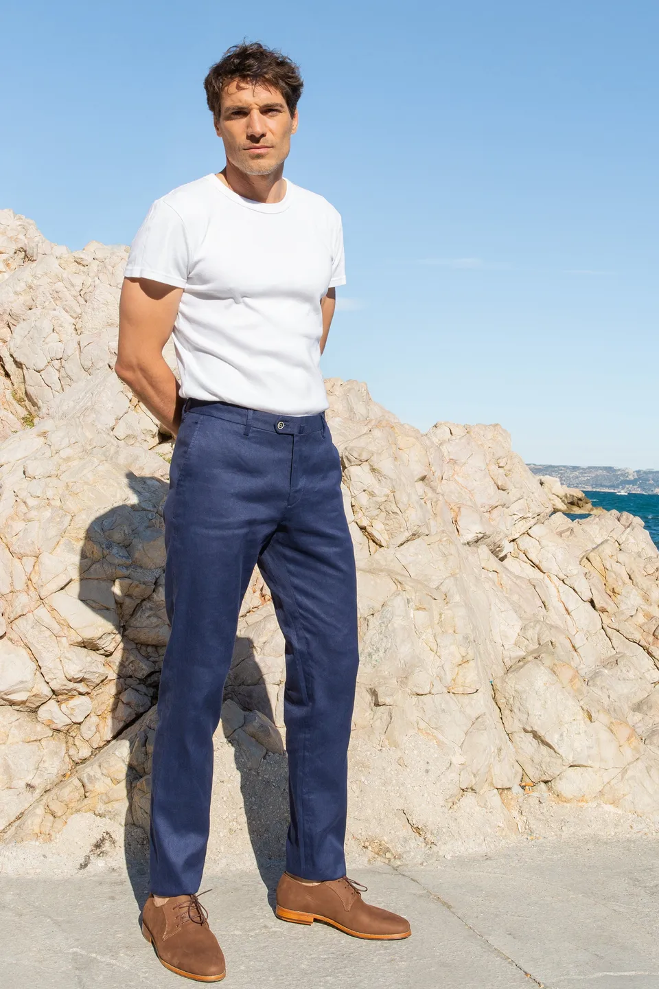 le-pantalon-chino-pantalon-coton-lin-bleu-semi-slim image 1