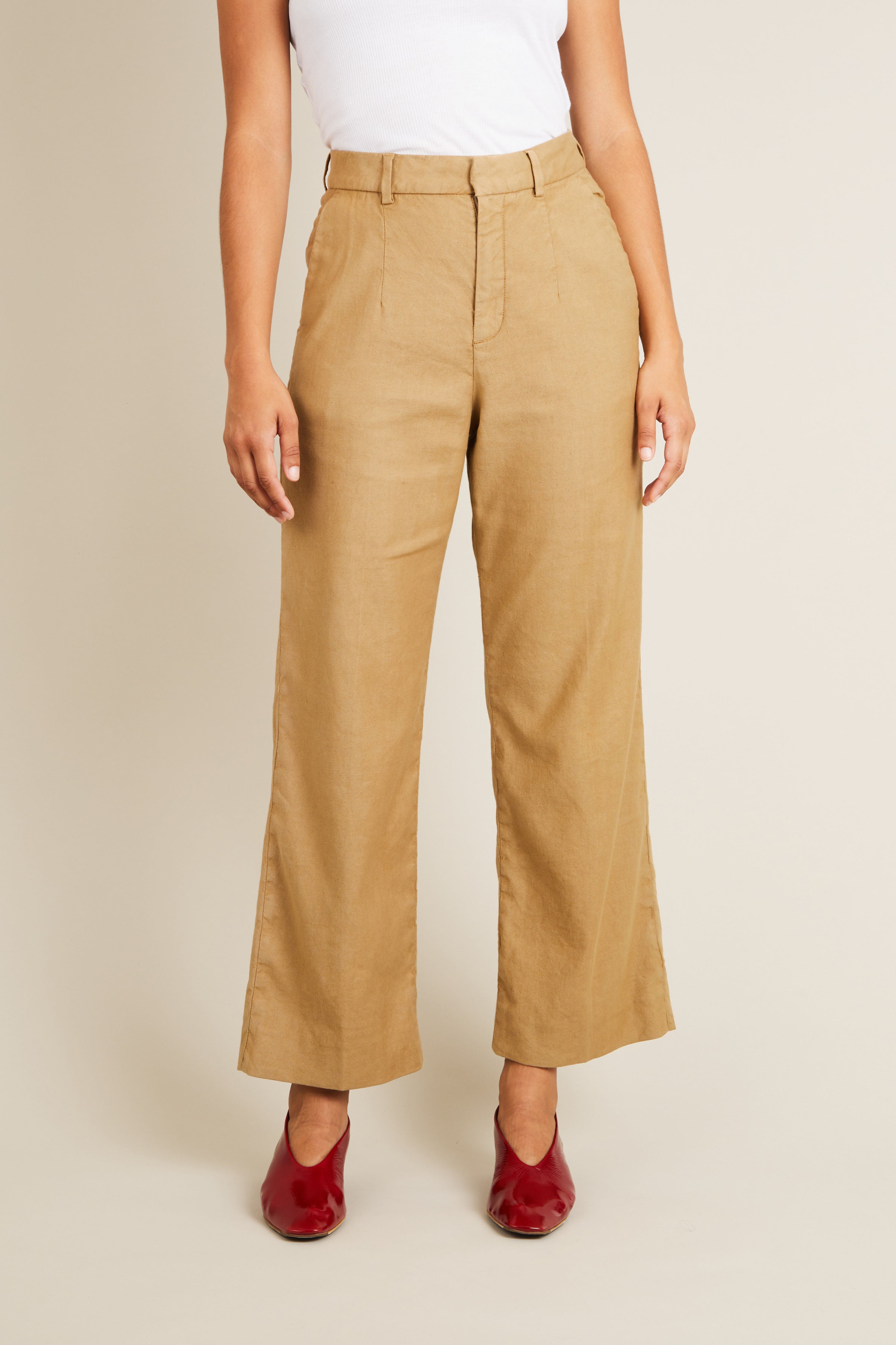 le-pantalon-flare-pantalon-femme-beige-fonc-coton-lin-taille-38 image 1