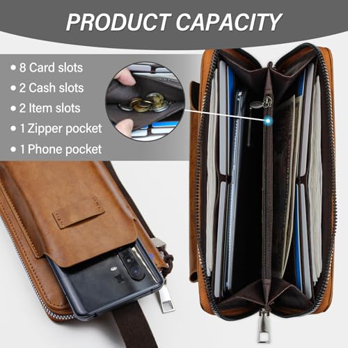 adistylinno-men-s-wallet-portefeuille-long-marron-zip-8-cartes image 8