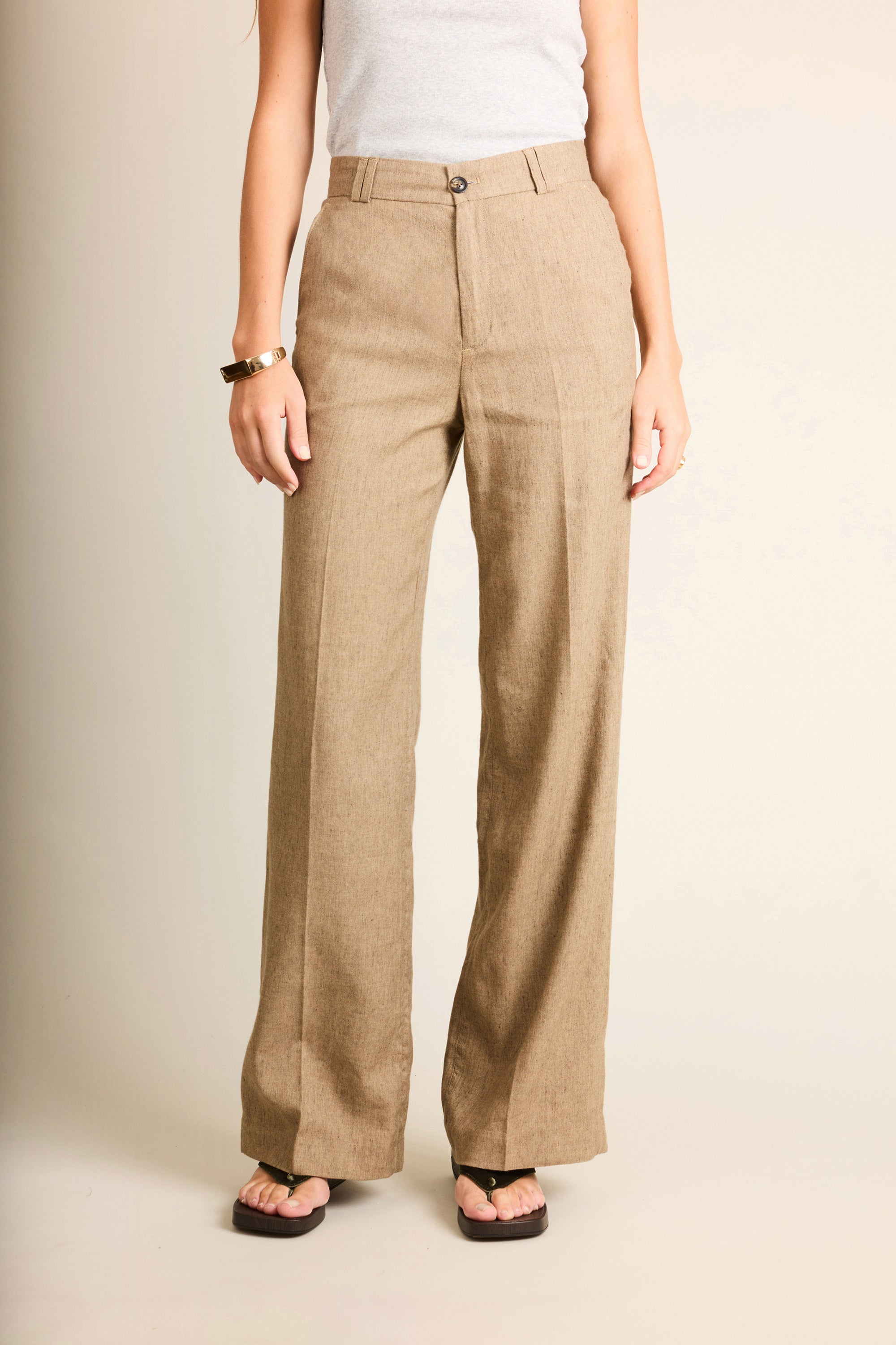 le-pantalon-pantalons-femme-wideleg-marron-clair-lin-coton image 1