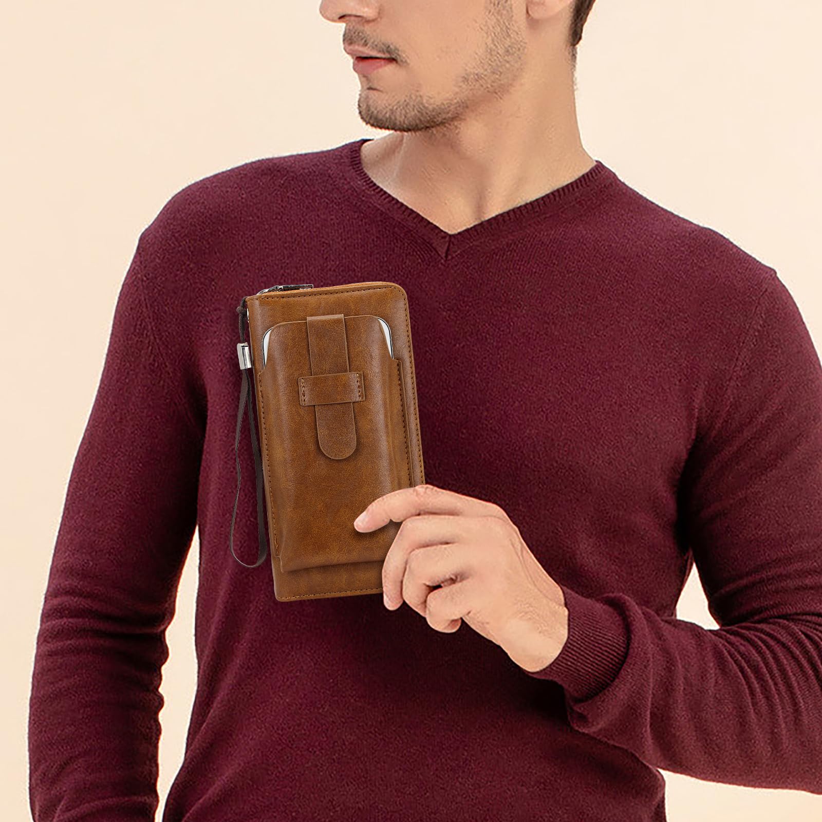 adistylinno-men-s-wallet-portefeuille-long-marron-zip-8-cartes image 5
